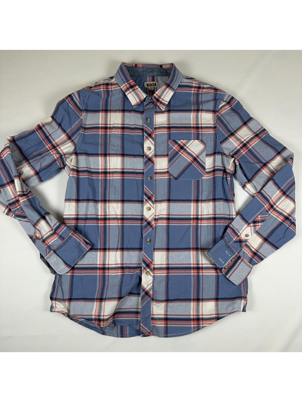 1901 Mens XL Blue Red White Plaid Long Sleeve Button Up Shirt Chest Pocket